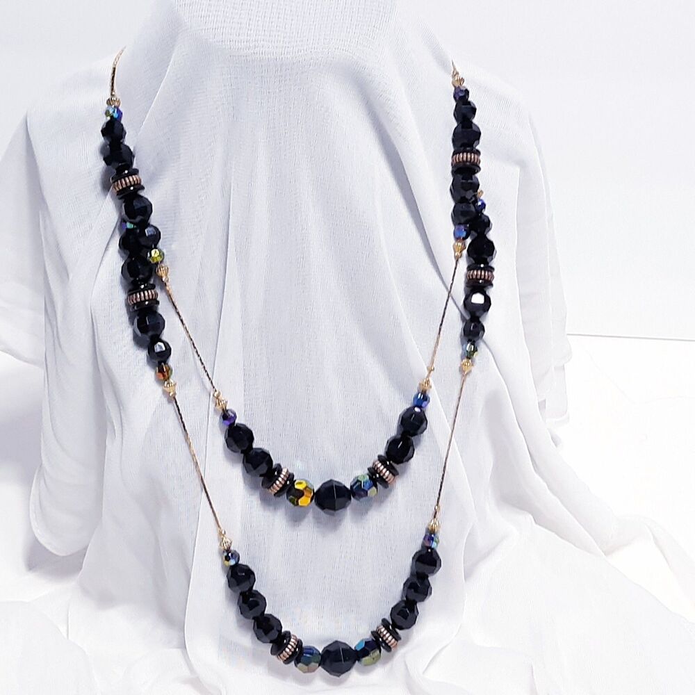 Dark Blue Gold Tone Beaded Necklace Round Plastic layering boho retro elegant